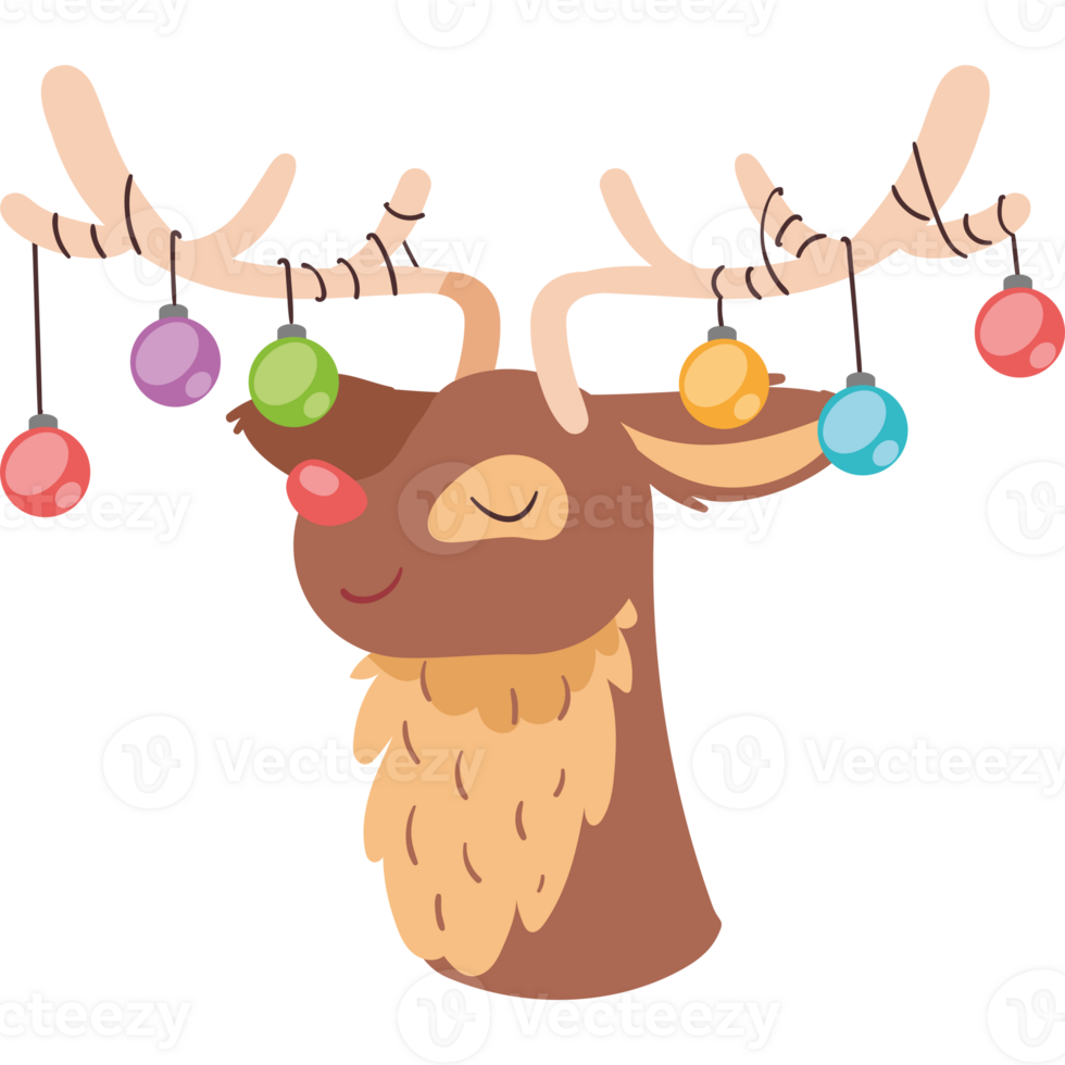 A cartoon reindeer with balls hanging from his horns png