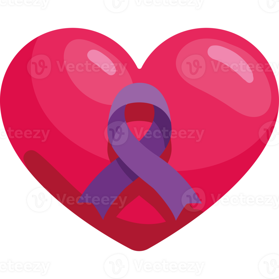 A purple ribbon is on a heart png