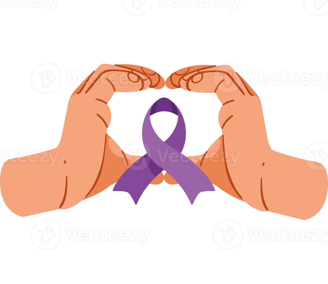 Two hands making a heart shape with a purple ribbon png