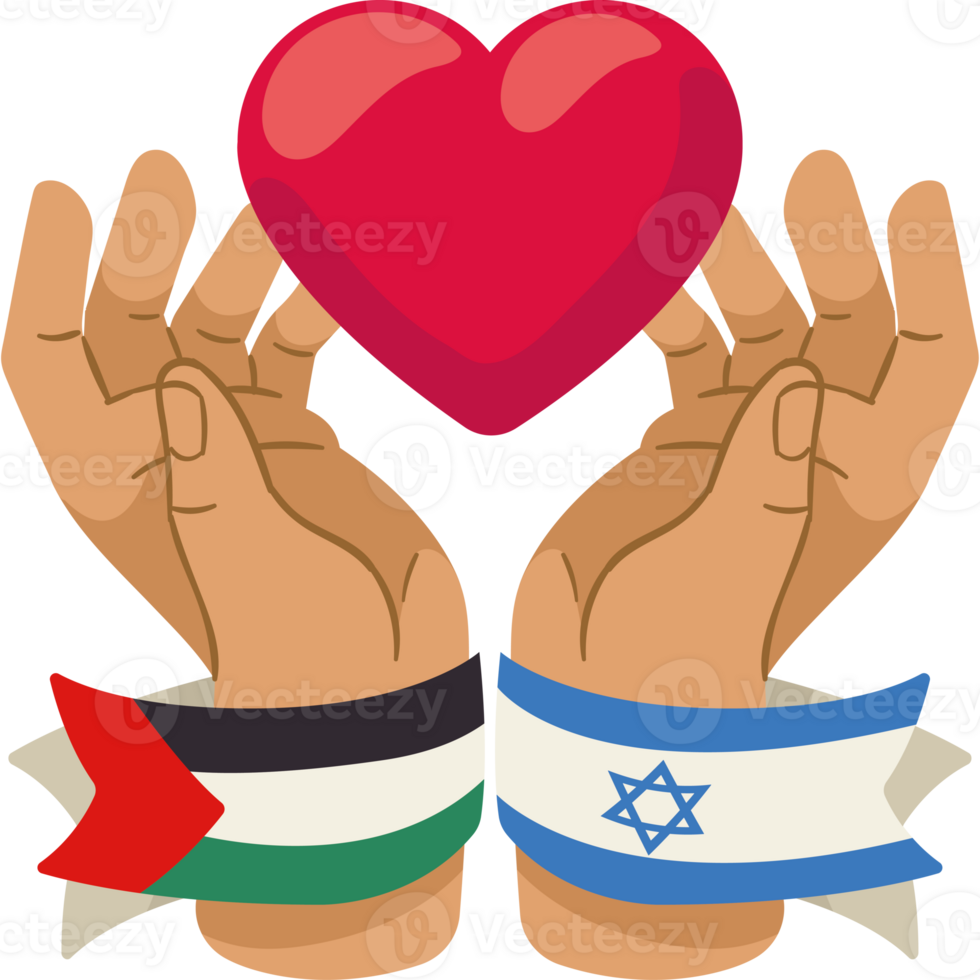 Two hands holding a heart with the flag of israel and the flag of palestine png