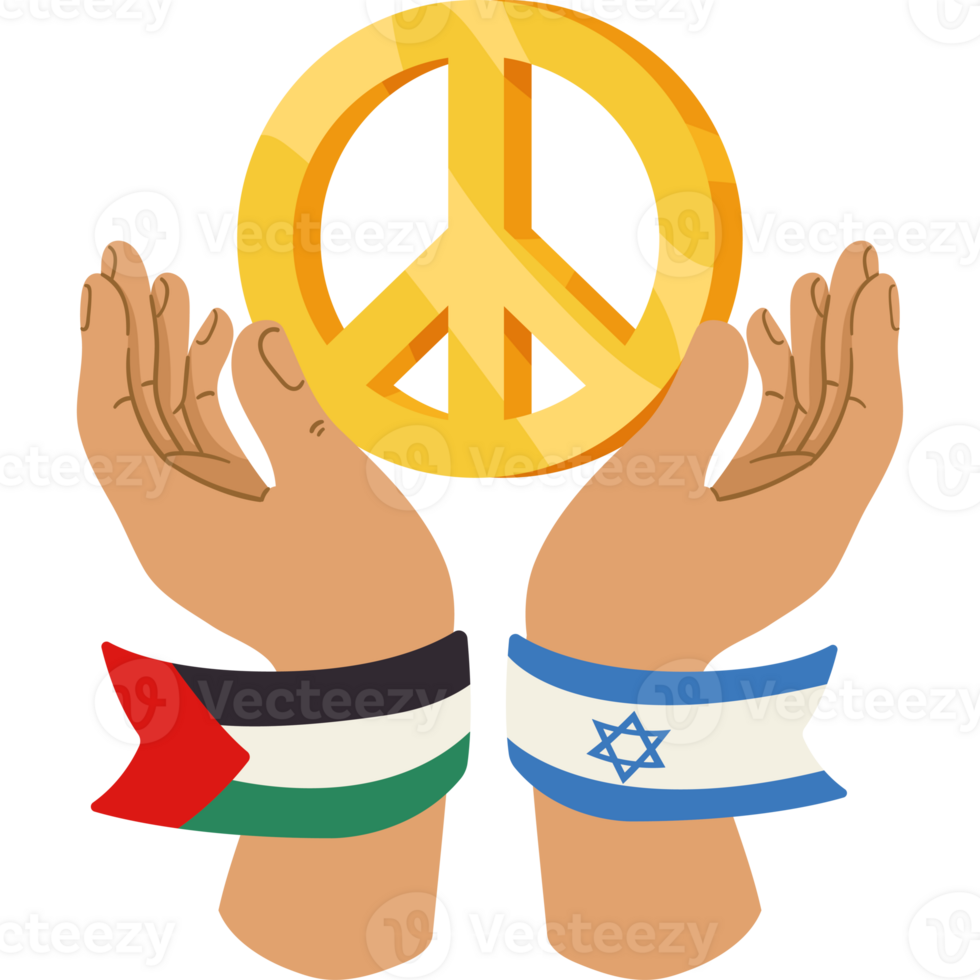 Two hands holding a peace sign with the flag of israel and the flag of palestine png