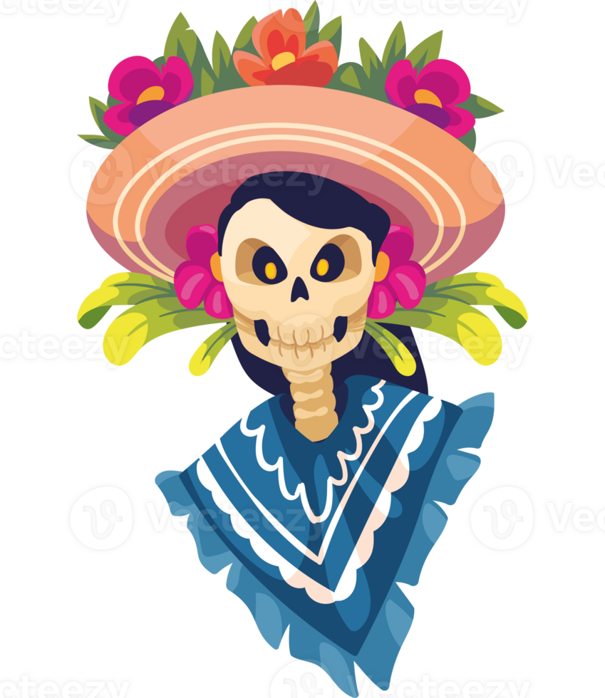 A skeleton wearing a mexican hat and flowers png