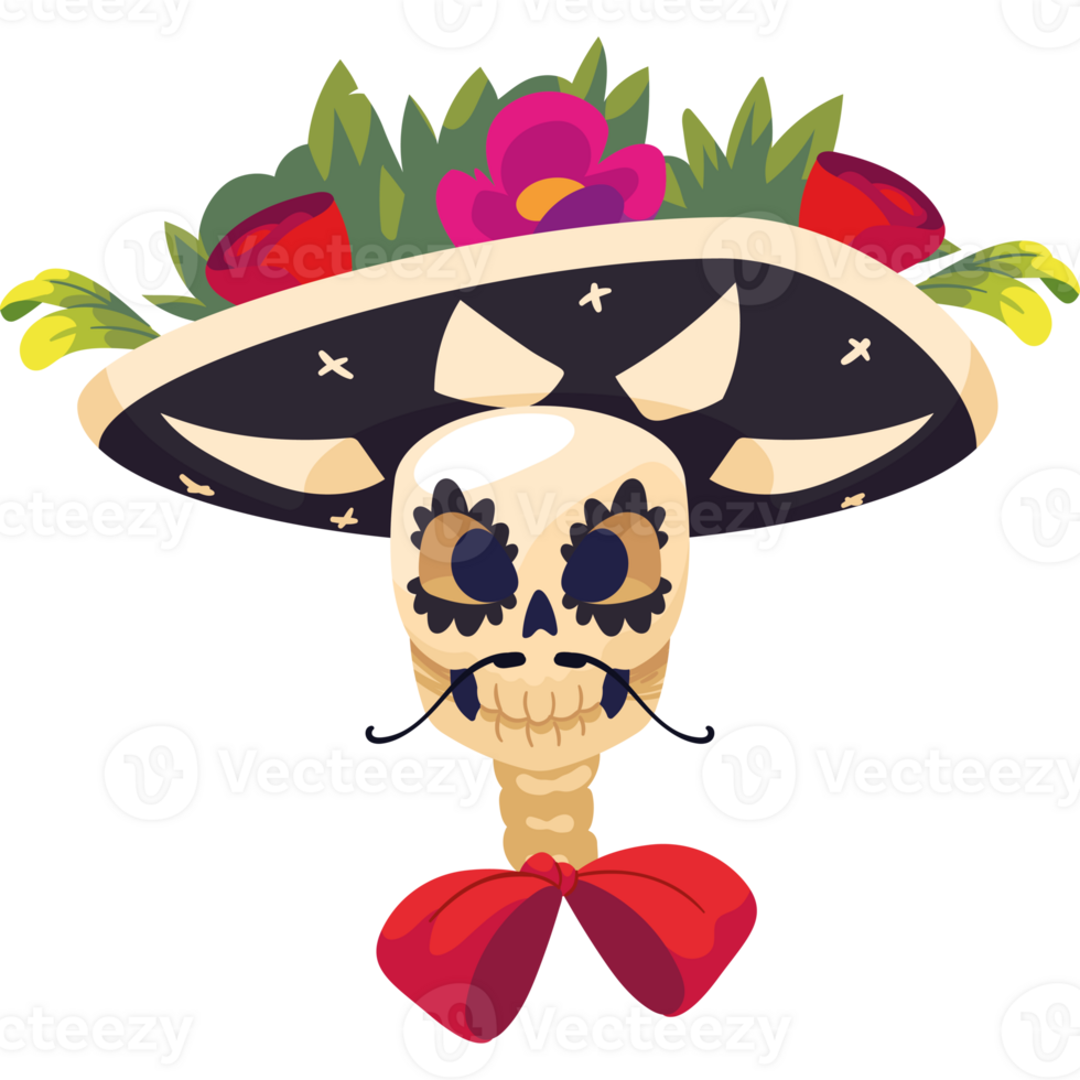 Mexican skull with hat and flowers png
