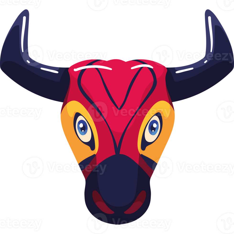 A cartoon bull head with a red, yellow and blue color scheme png