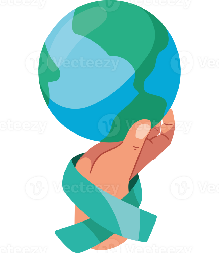 Hand holding a globe with a green ribbon png