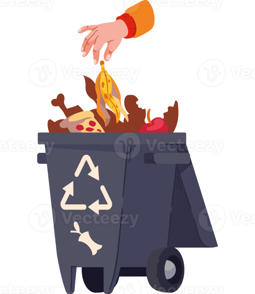 A hand throwing food into a trash can png