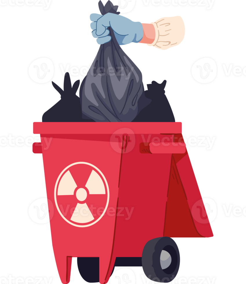 A hand is throwing a bag of garbage into a red trash can png