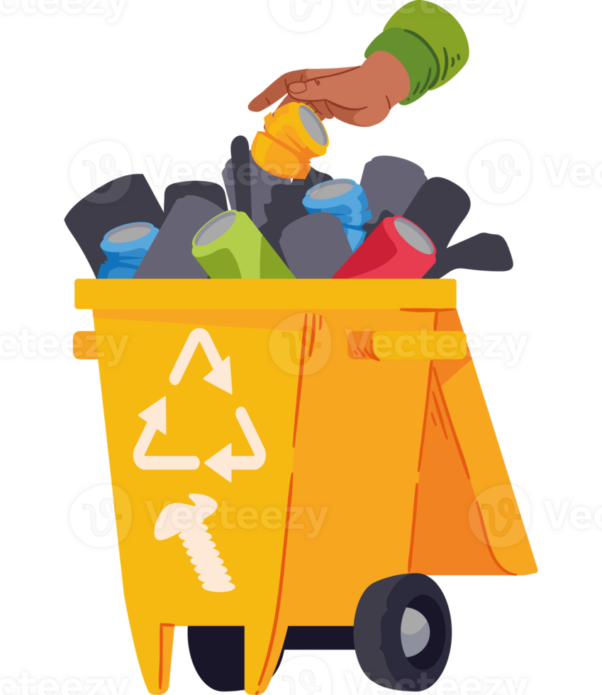 A hand is putting trash in a yellow trash can png
