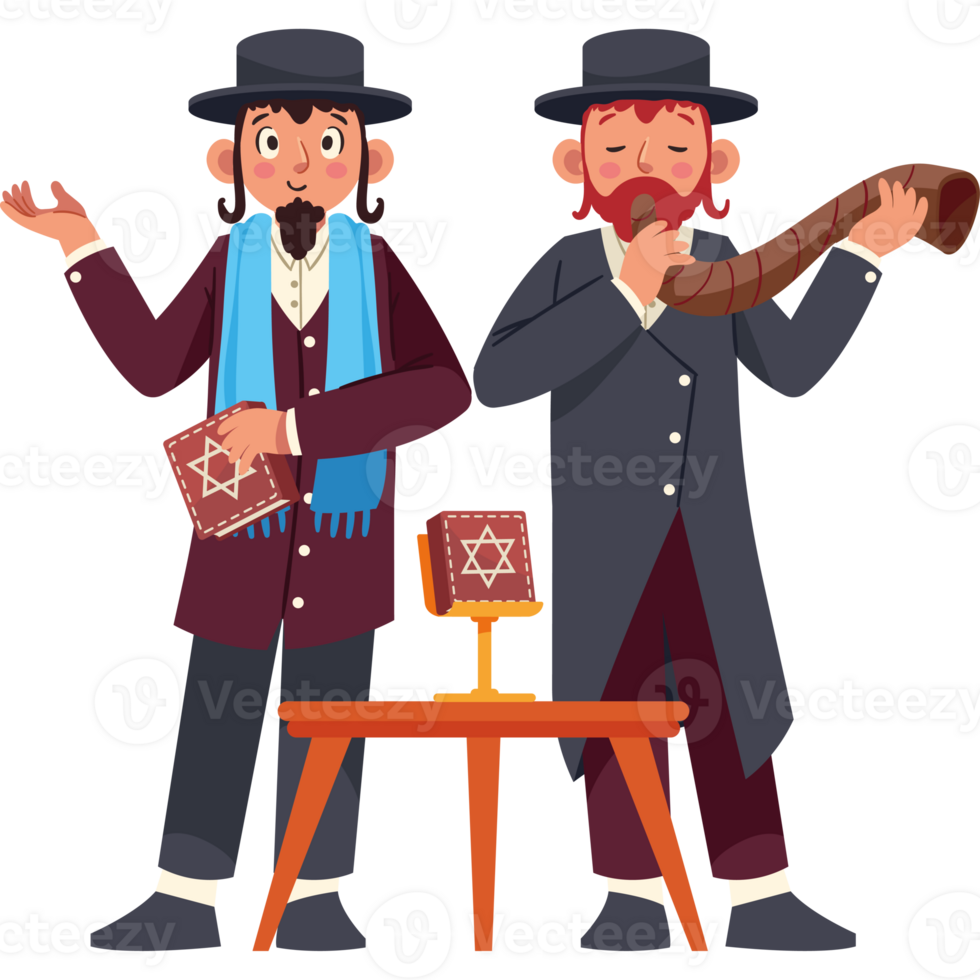 Two jewish men with a shofar and a book png