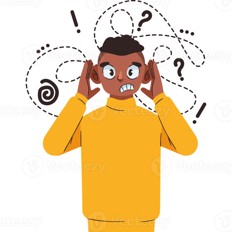 A man with his hands on his ears and a question mark above his head png