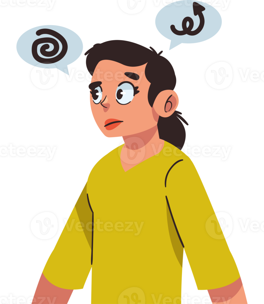 A cartoon woman with speech bubbles above her head png