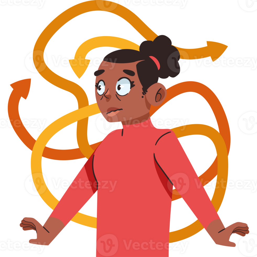 A cartoon girl with a red shirt and orange arrows around her png