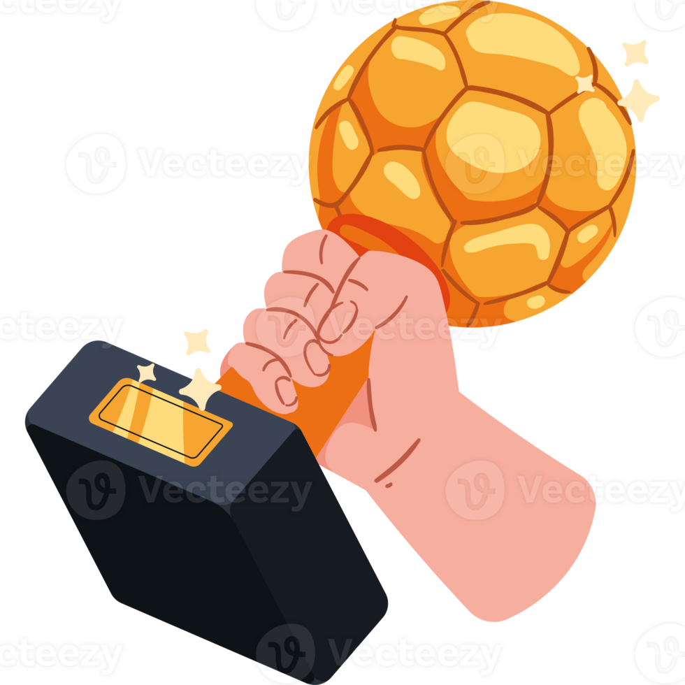 A hand holding a golden soccer ball with a black box png