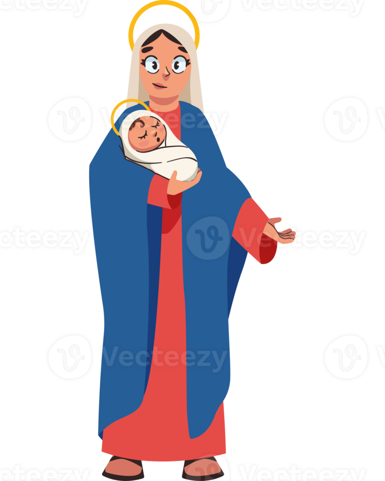 A cartoon of the virgin mary holding a baby png