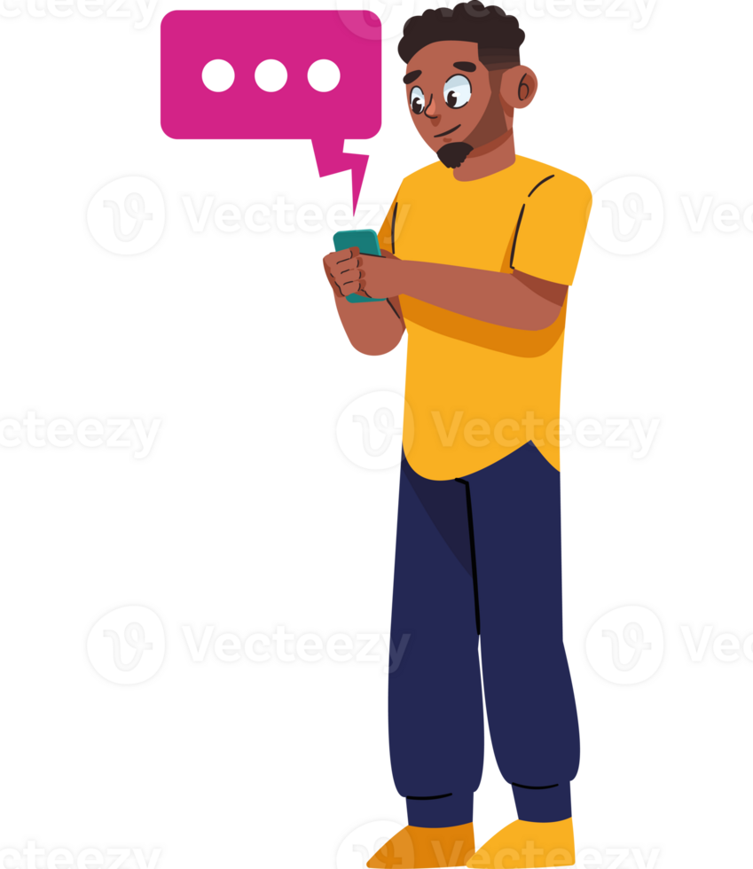 A man holding a phone and looking at a speech bubble png