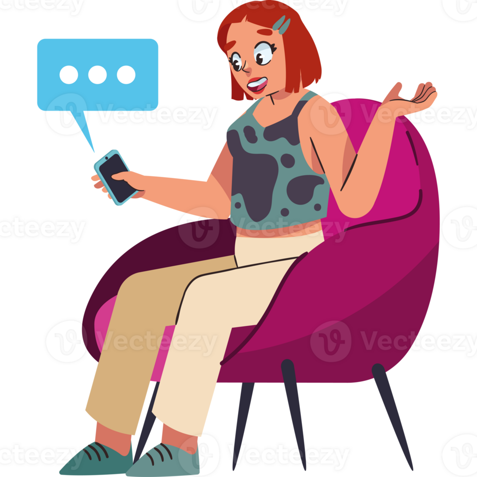 A woman sitting in a chair with a phone and a speech bubble png