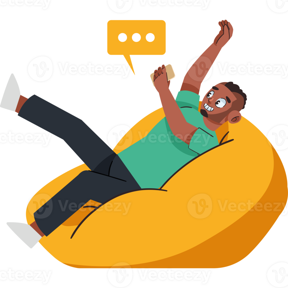 A man sitting in a bean bag chair with a phone in his hand png