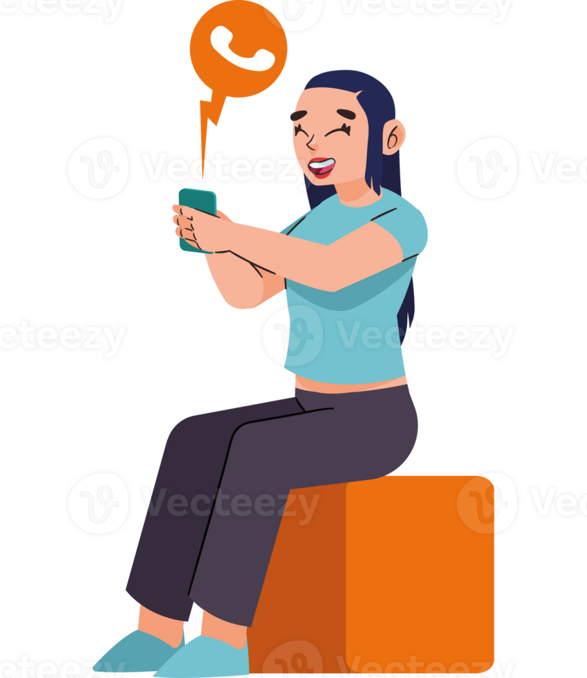 A woman sitting on a stool with a phone in her hand png