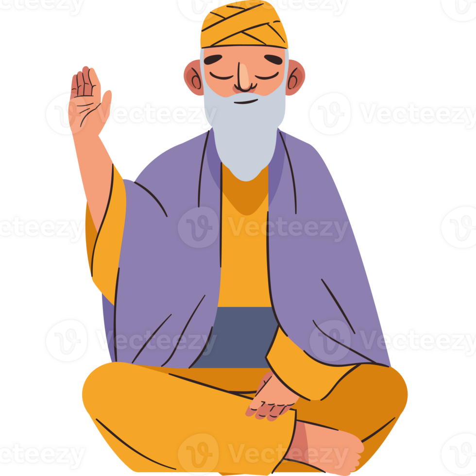 An old man sitting in meditation with his hands up png