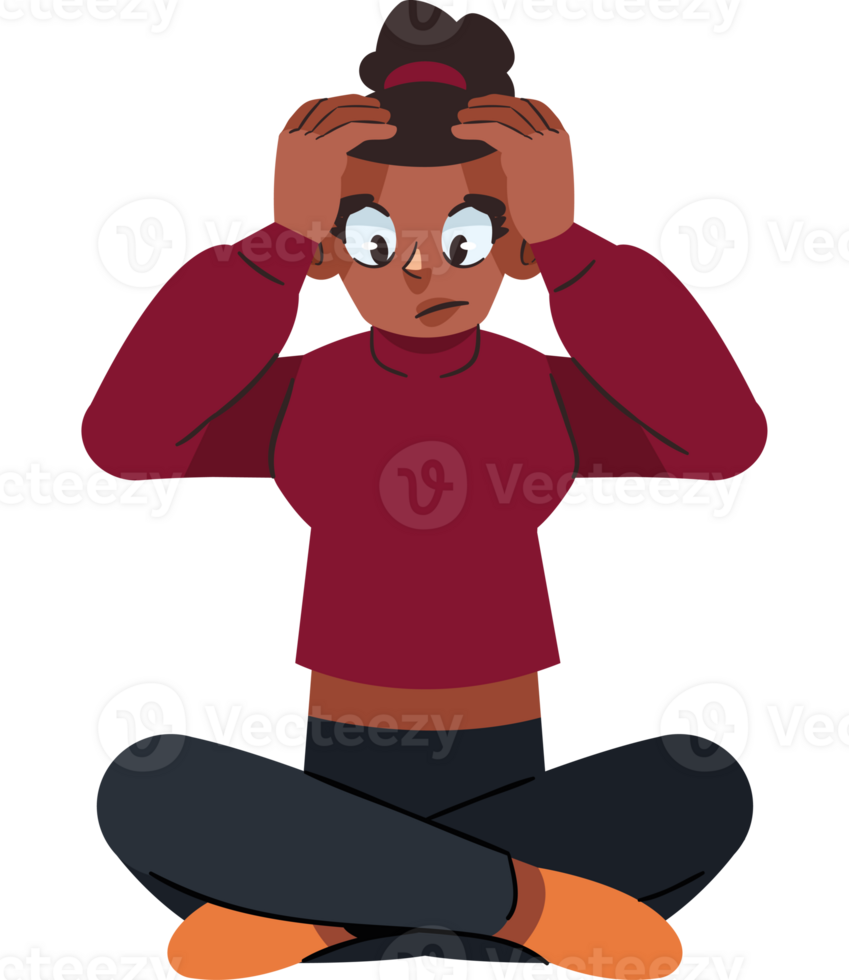 An illustration of a woman sitting in the middle of the floor with her hands on her head png