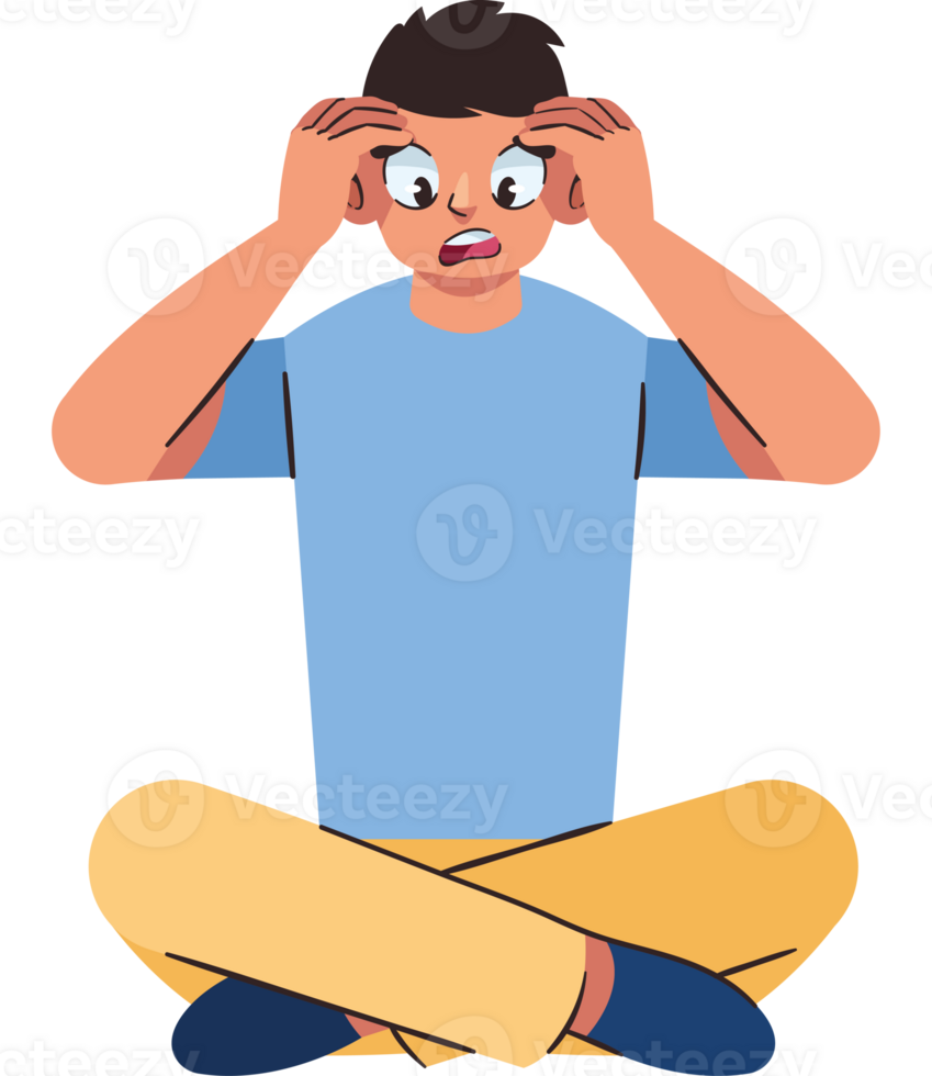 A man is sitting on the floor with his hands on his head png