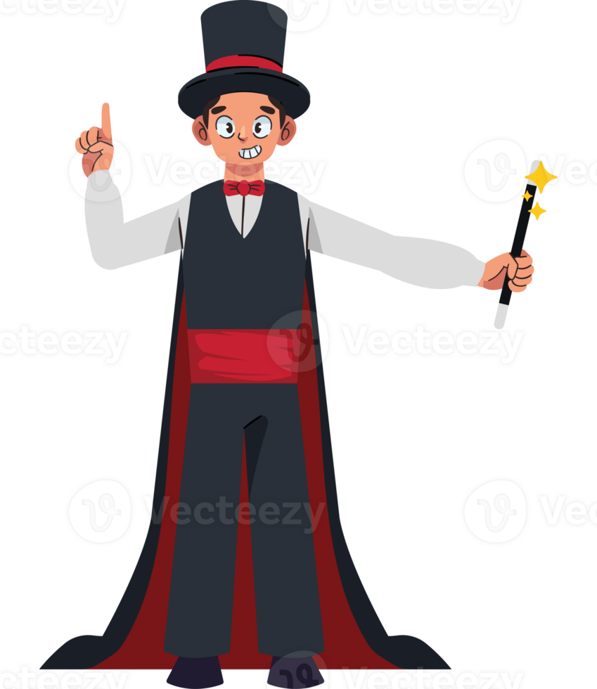 A cartoon magician with a wand and hat png