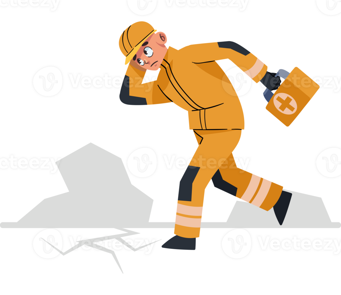 A cartoon man in an orange uniform is walking away from a broken wall png