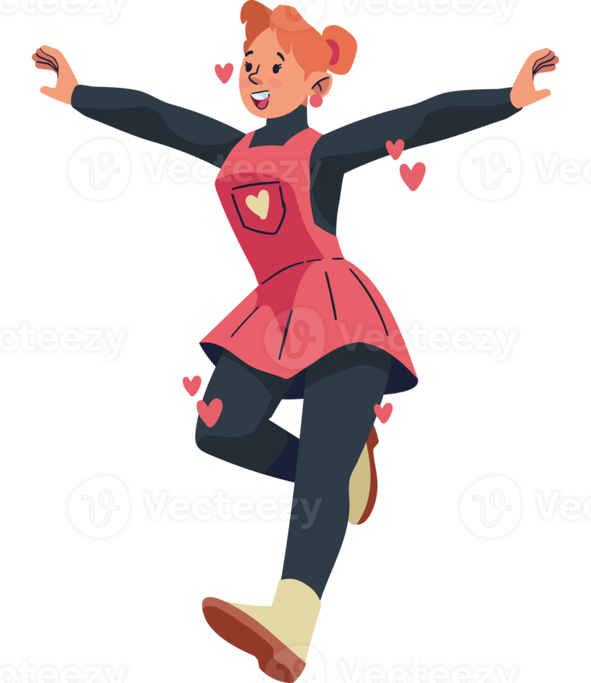 A cartoon woman in an apron jumping with hearts png