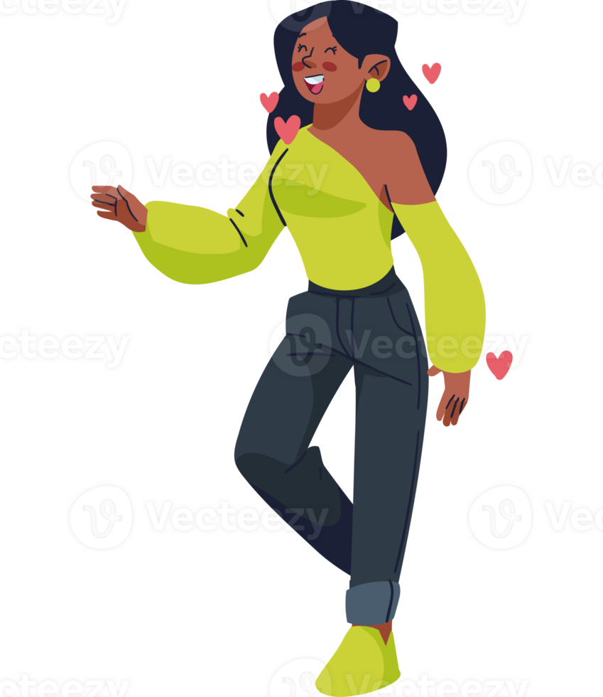 A cartoon woman dancing with hearts png