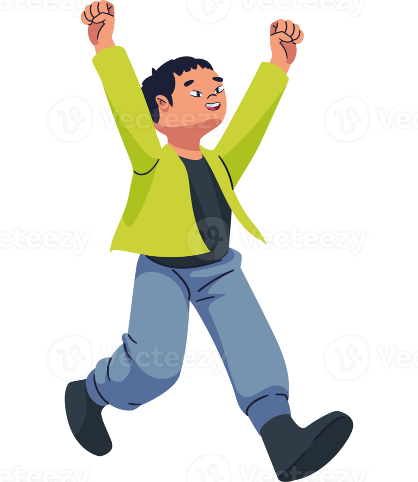 A cartoon boy jumping with his arms up png