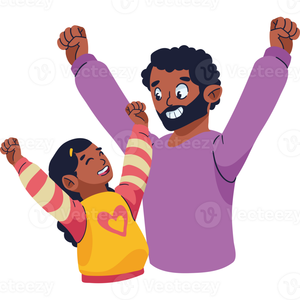 A cartoon of a father and daughter raising their arms png