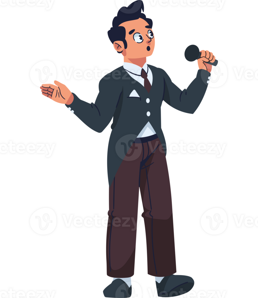 A cartoon man in a suit holding a microphone png