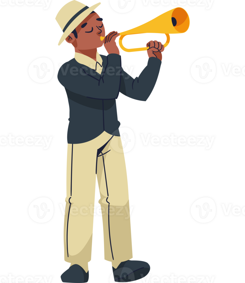 Cartoon man playing trumpet on black background png