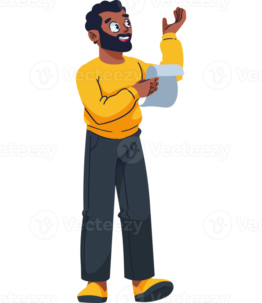 Cartoon man holding a piece of paper and pointing png