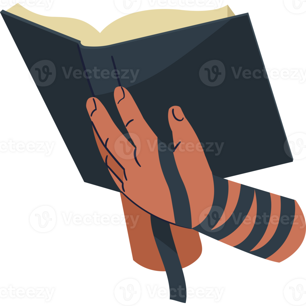 A hand holding a book with a striped arm png