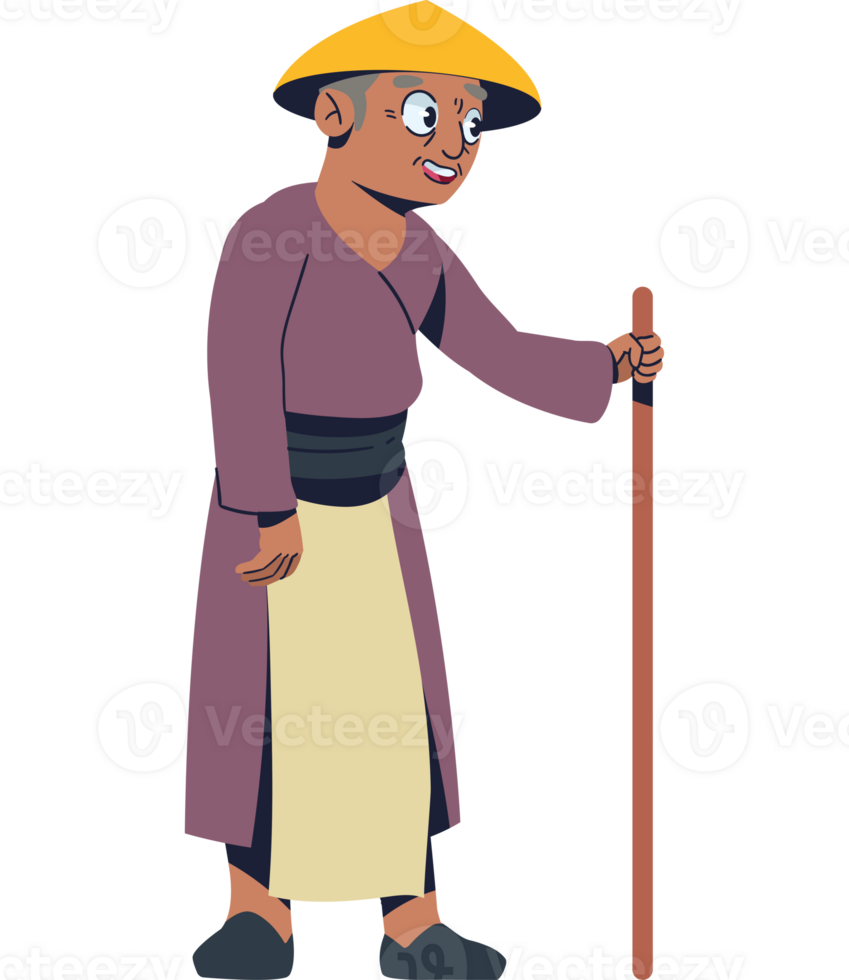 An asian man with a stick and a hat png