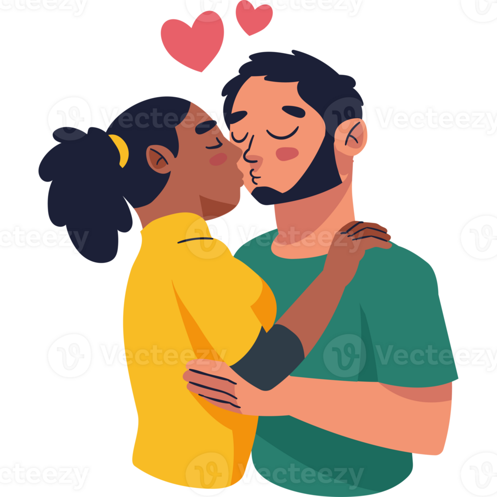 A man and woman kissing each other with hearts in the background png