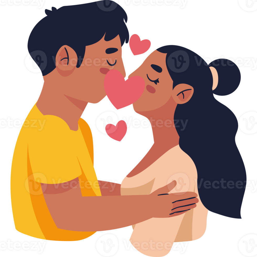 A man and woman kissing with hearts on their faces png