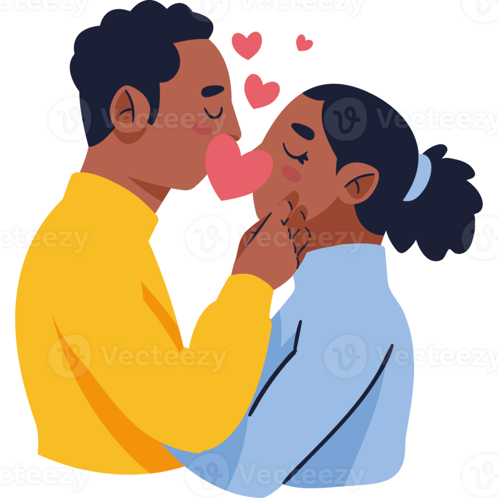 An illustration of a couple kissing with hearts png