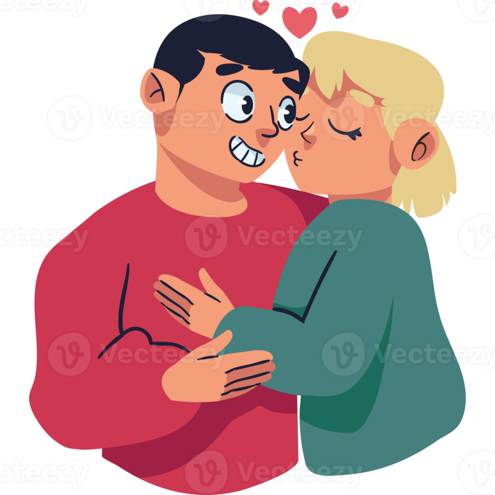 Cartoon couple kissing with hearts png