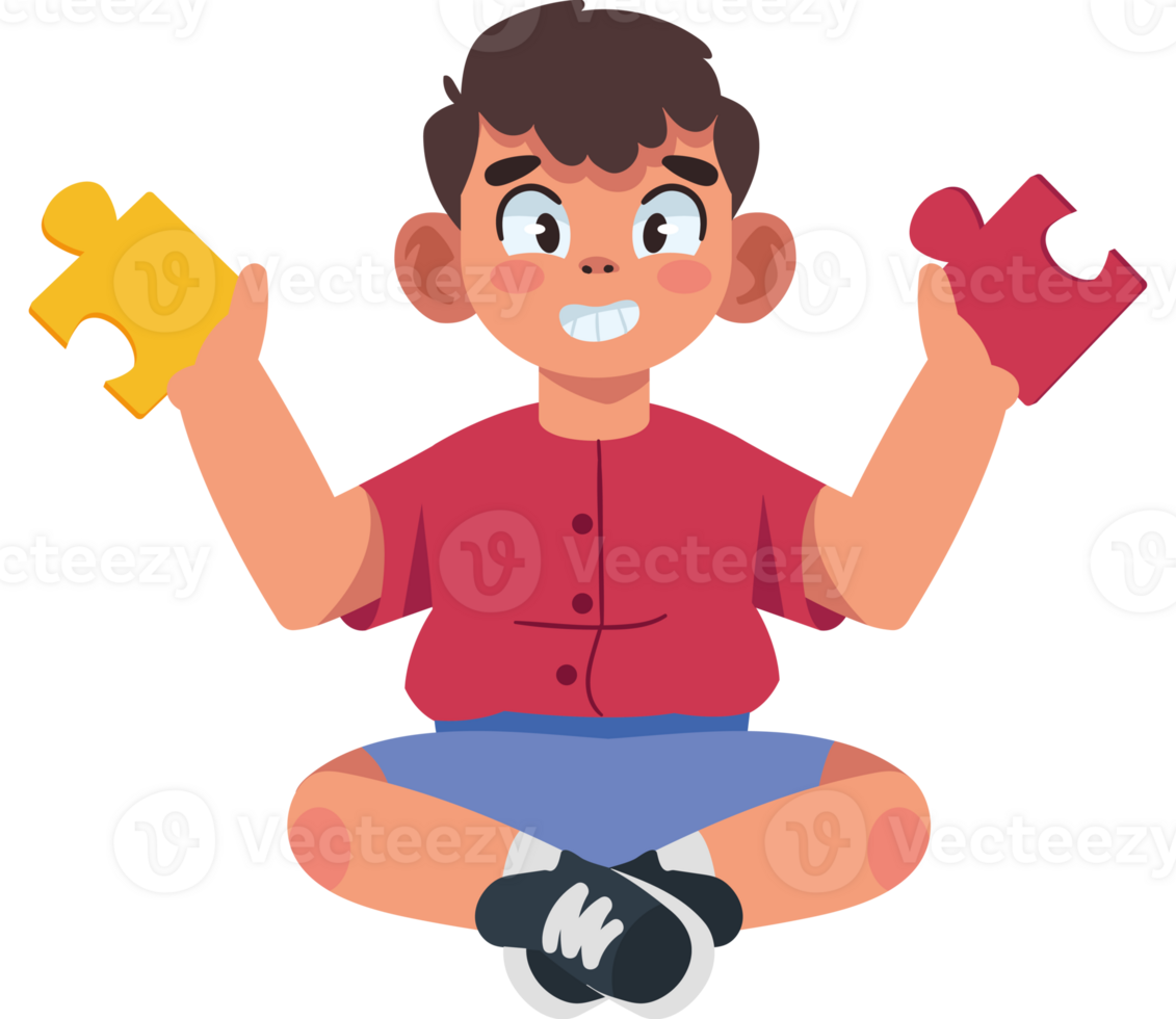 A boy sitting on the floor holding two puzzle pieces png