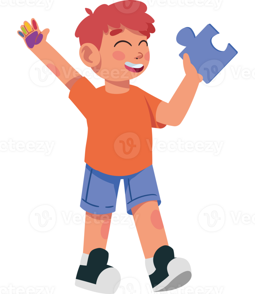 A boy holding a puzzle piece in his hand png