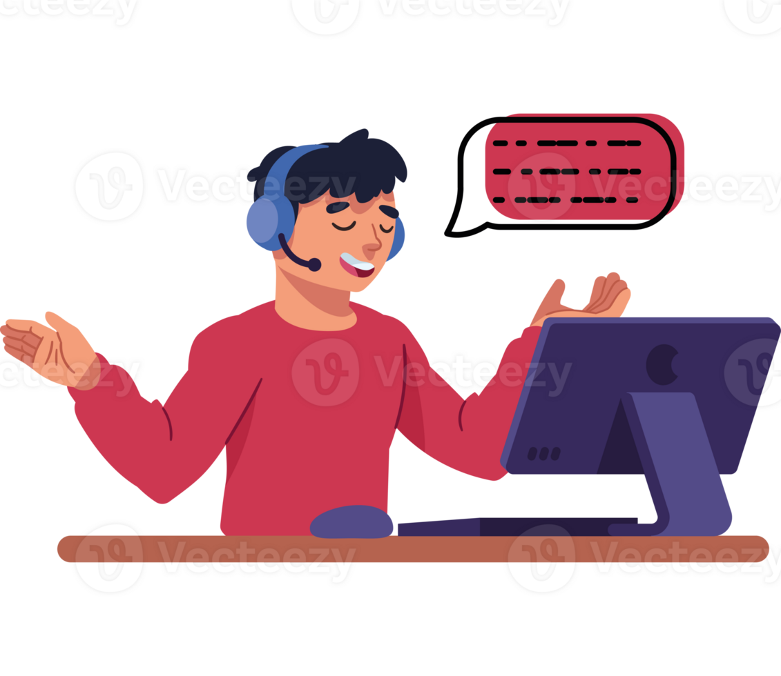 A man in a headset is sitting at a computer with a speech bubble png