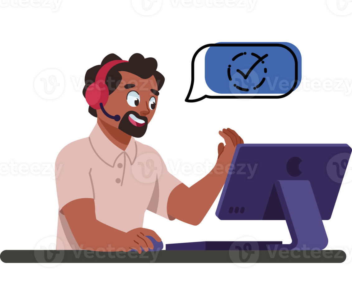 A man in headphones is working on a computer png