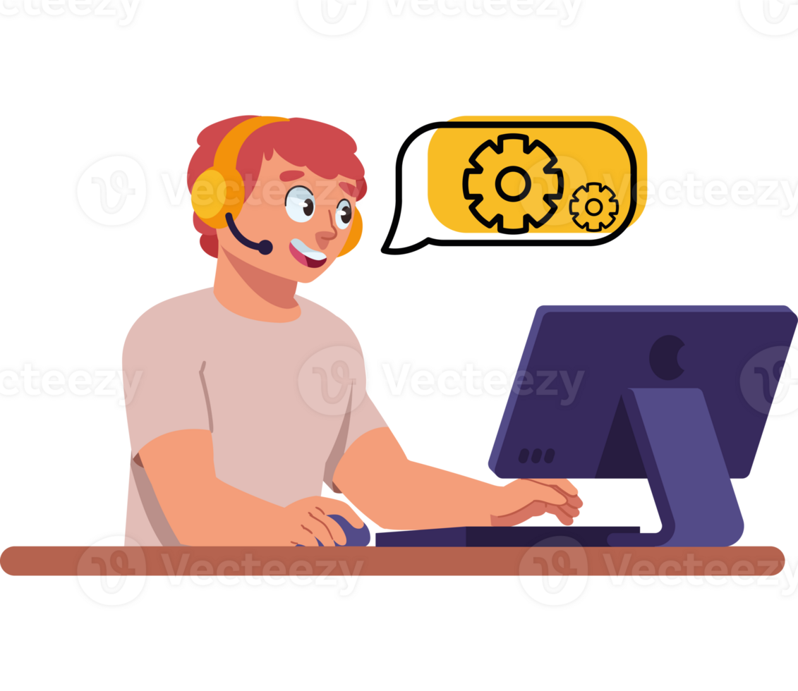 A man wearing headphones is working on a computer png