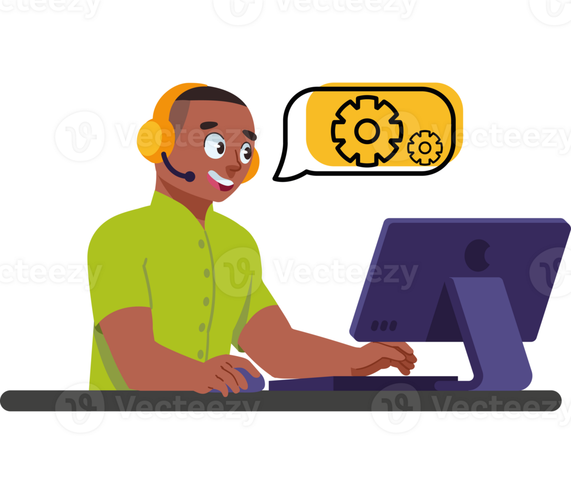 A man wearing headphones is working on a computer png