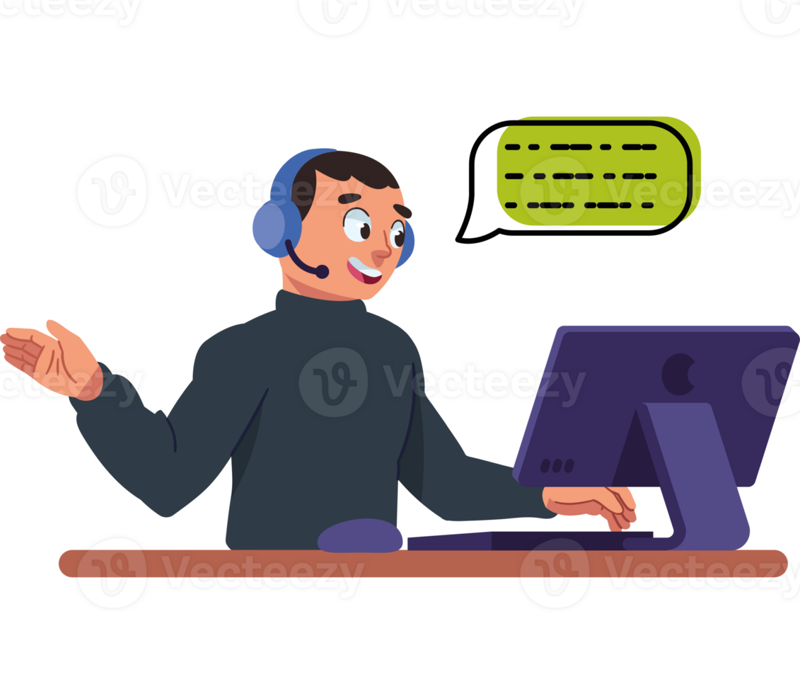 A man wearing headphones is sitting at a computer with a speech bubble png