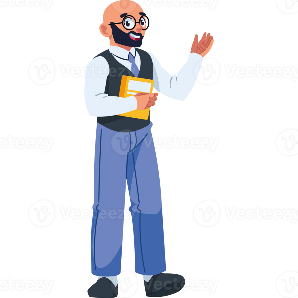 Cartoon man with glasses and vest holding a folder png