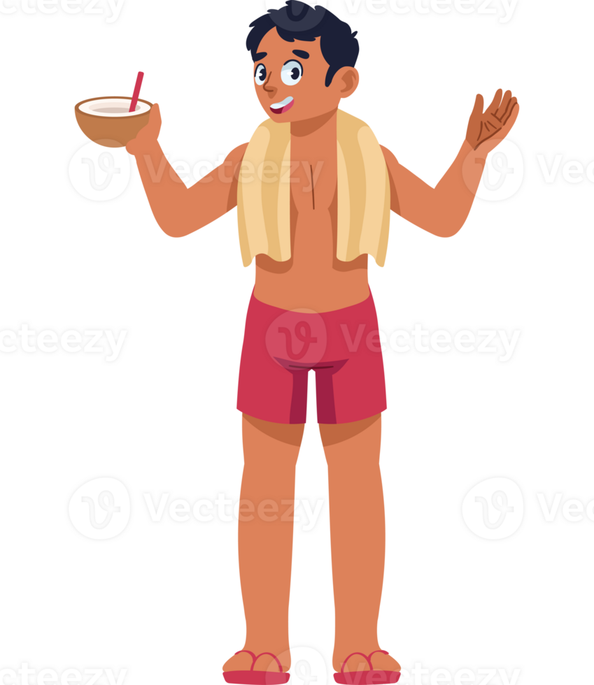 A cartoon man in a bathing suit holding a coconut png