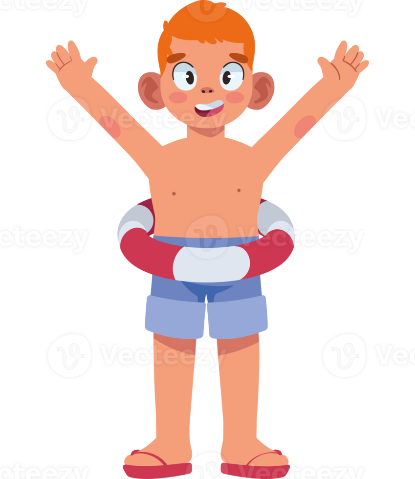 Boy in swimsuit with life ring png